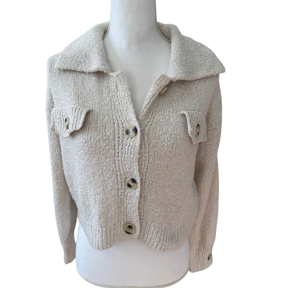 Pink Rose Cropped Collared Sweater Button Front Boucle Oatmeal M